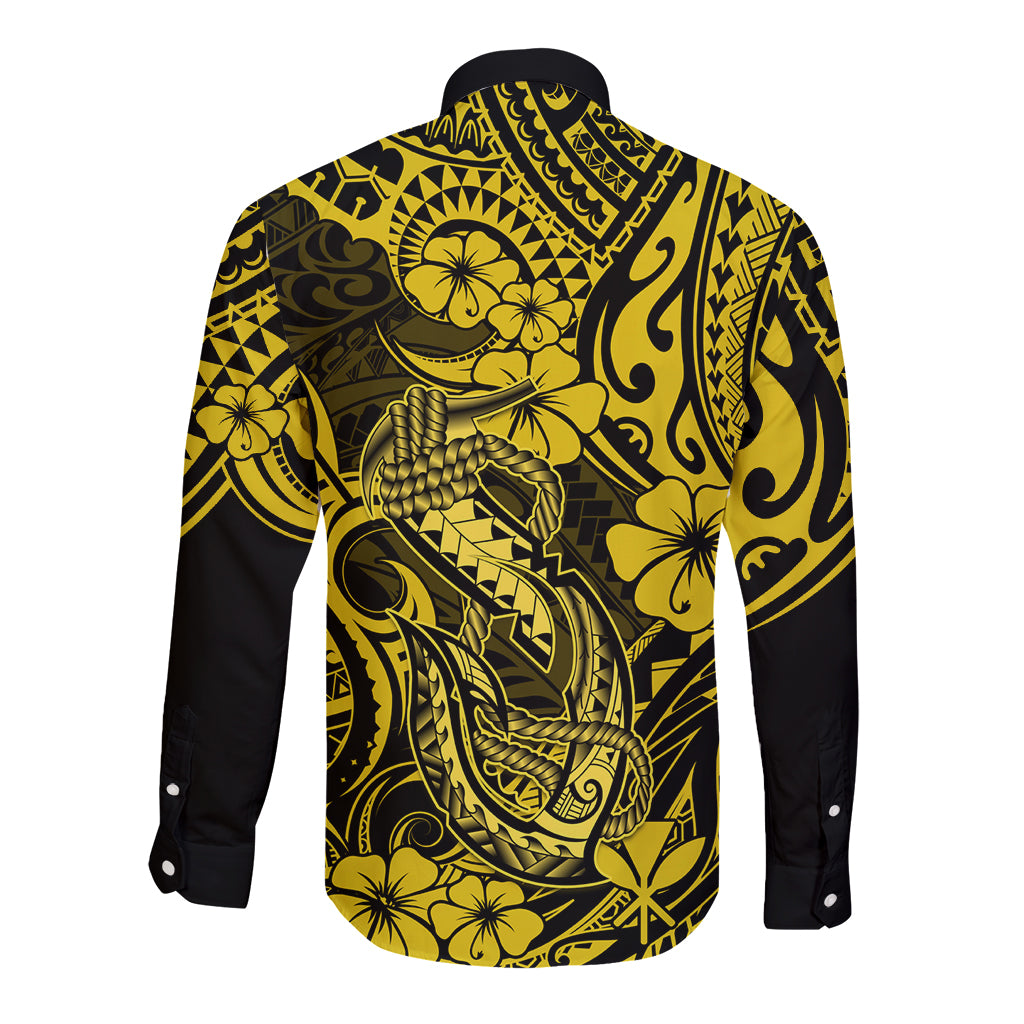 Hawaii Fish Hook Long Sleeve Button Shirt Hibiscus Hawaii Tribal Tattoo Yellow Version LT01 - Polynesian Pride