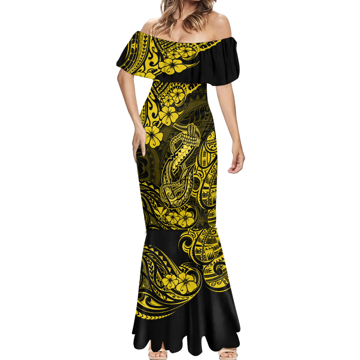 Hawaii Fish Hook Mermaid Dress Hibiscus Hawaii Tribal Tattoo Yellow Version LT01 - Polynesian Pride