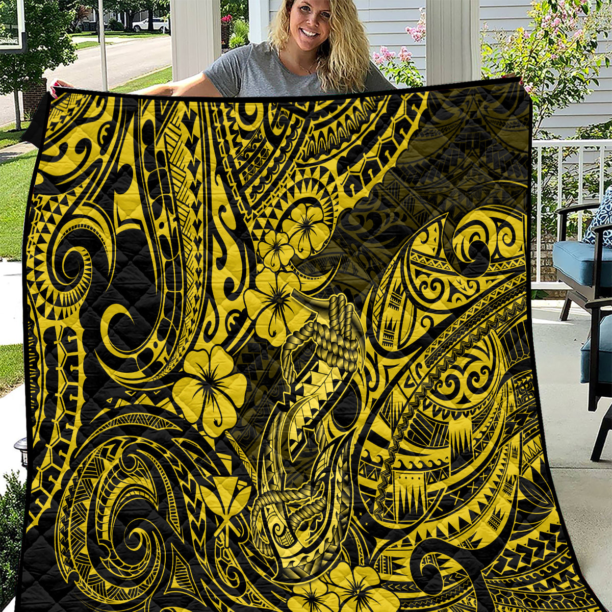 Hawaii Fish Hook Quilt Hibiscus Hawaii Tribal Tattoo Yellow Version LT01 Yellow - Polynesian Pride