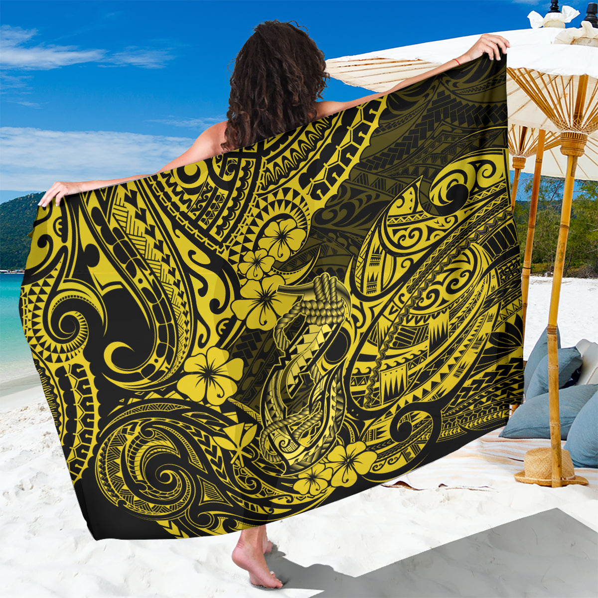 Hawaii Fish Hook Sarong Hibiscus Hawaii Tribal Tattoo Yellow Version LT01 One Size 44 x 66 inches Yellow - Polynesian Pride