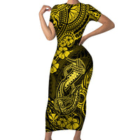 Hawaii Fish Hook Short Sleeve Bodycon Dress Hibiscus Hawaii Tribal Tattoo Yellow Version LT01 Long Dress Yellow - Polynesian Pride