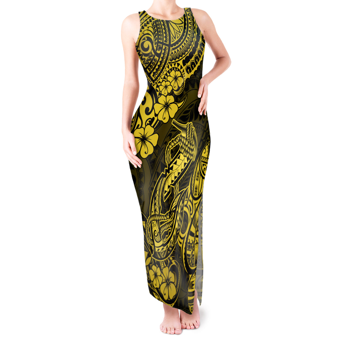 Hawaii Fish Hook Tank Maxi Dress Hibiscus Hawaii Tribal Tattoo Yellow Version LT01 Women Yellow - Polynesian Pride