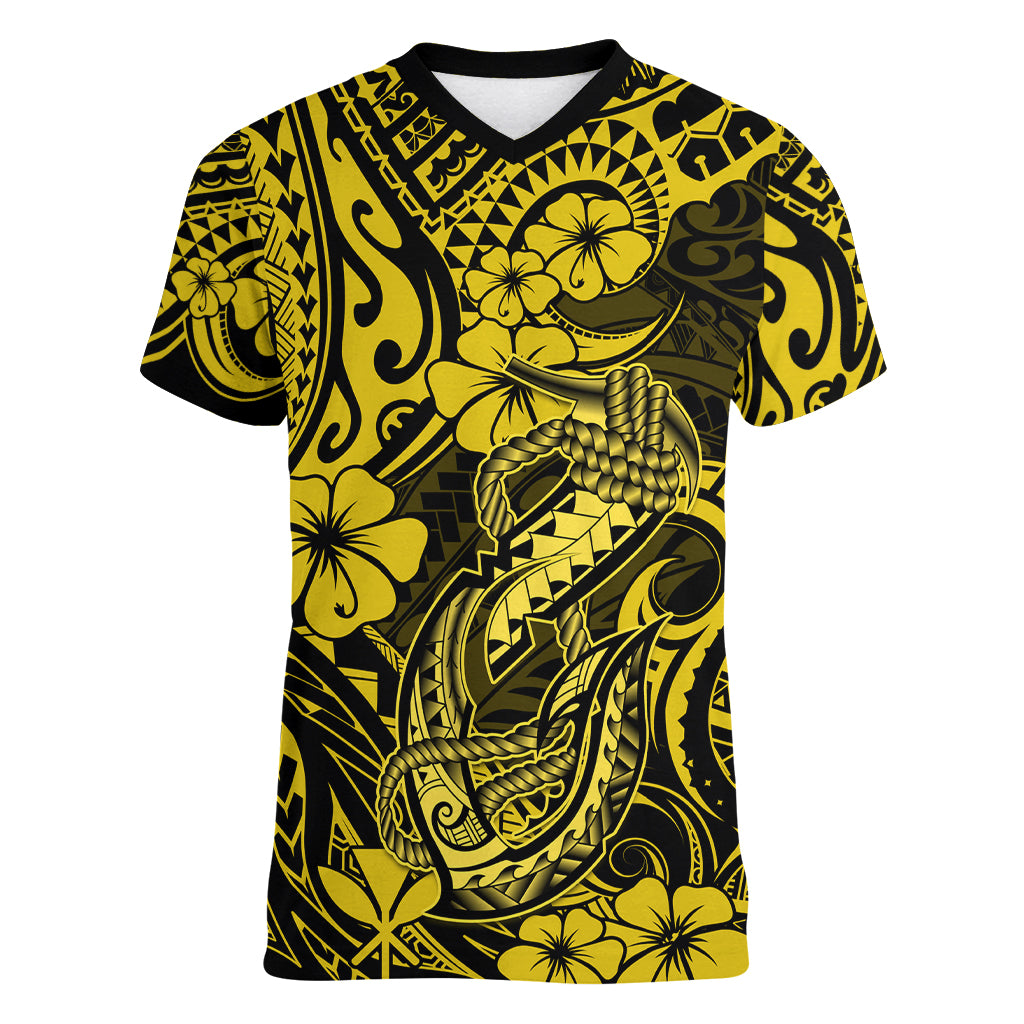 Hawaii Fish Hook Women V Neck T Shirt Hibiscus Hawaii Tribal Tattoo Yellow Version LT01 Female Yellow - Polynesian Pride