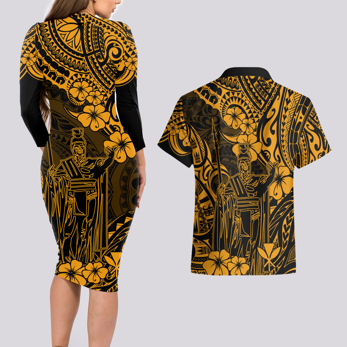 Hawaii King Kamehameha Couples Matching Long Sleeve Bodycon Dress and Hawaiian Shirt Polynesian Pattern Gold Version LT01 - Polynesian Pride