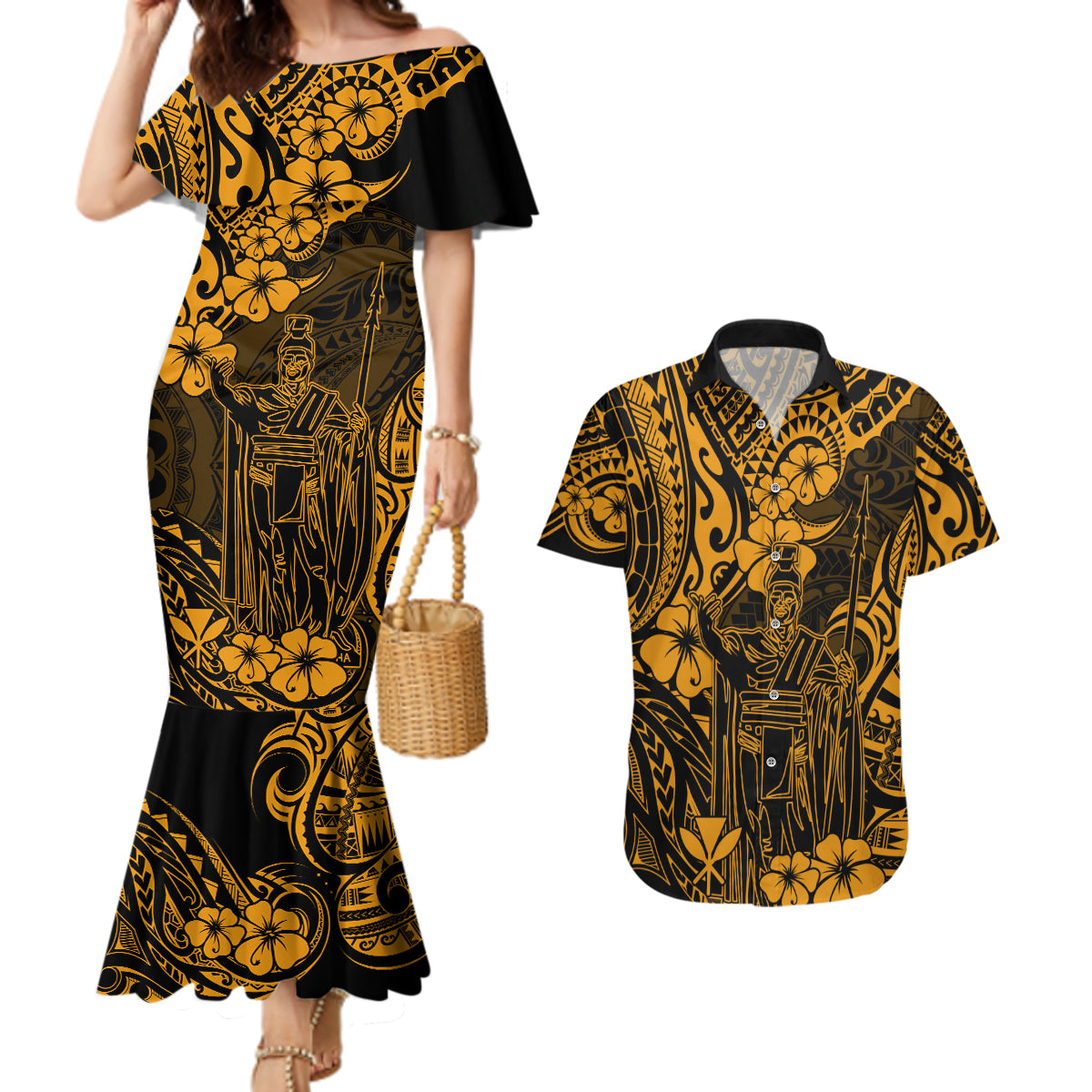 Hawaii King Kamehameha Couples Matching Mermaid Dress and Hawaiian Shirt Polynesian Pattern Gold Version LT01 Gold - Polynesian Pride