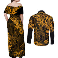 Hawaii King Kamehameha Couples Matching Off Shoulder Maxi Dress and Long Sleeve Button Shirts Polynesian Pattern Gold Version LT01 - Polynesian Pride