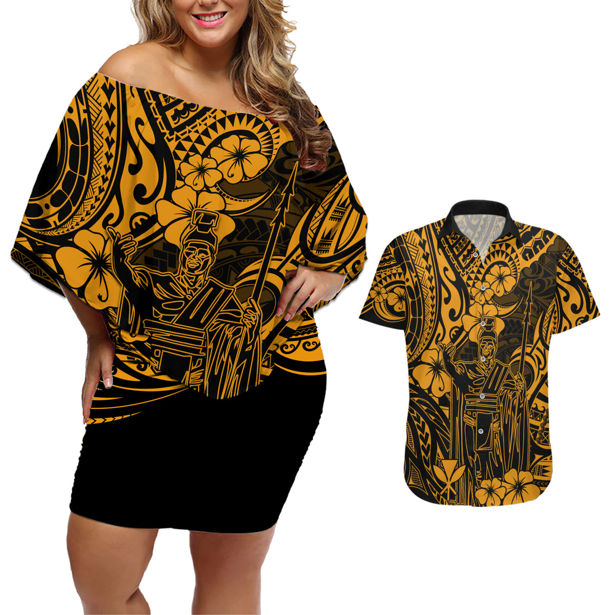 Hawaii King Kamehameha Couples Matching Off Shoulder Short Dress and Hawaiian Shirt Polynesian Pattern Gold Version LT01 Gold - Polynesian Pride