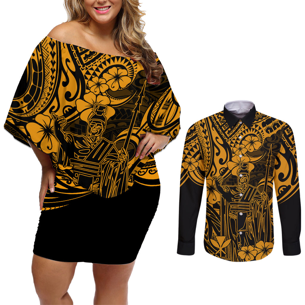 Hawaii King Kamehameha Couples Matching Off Shoulder Short Dress and Long Sleeve Button Shirts Polynesian Pattern Gold Version LT01 Gold - Polynesian Pride