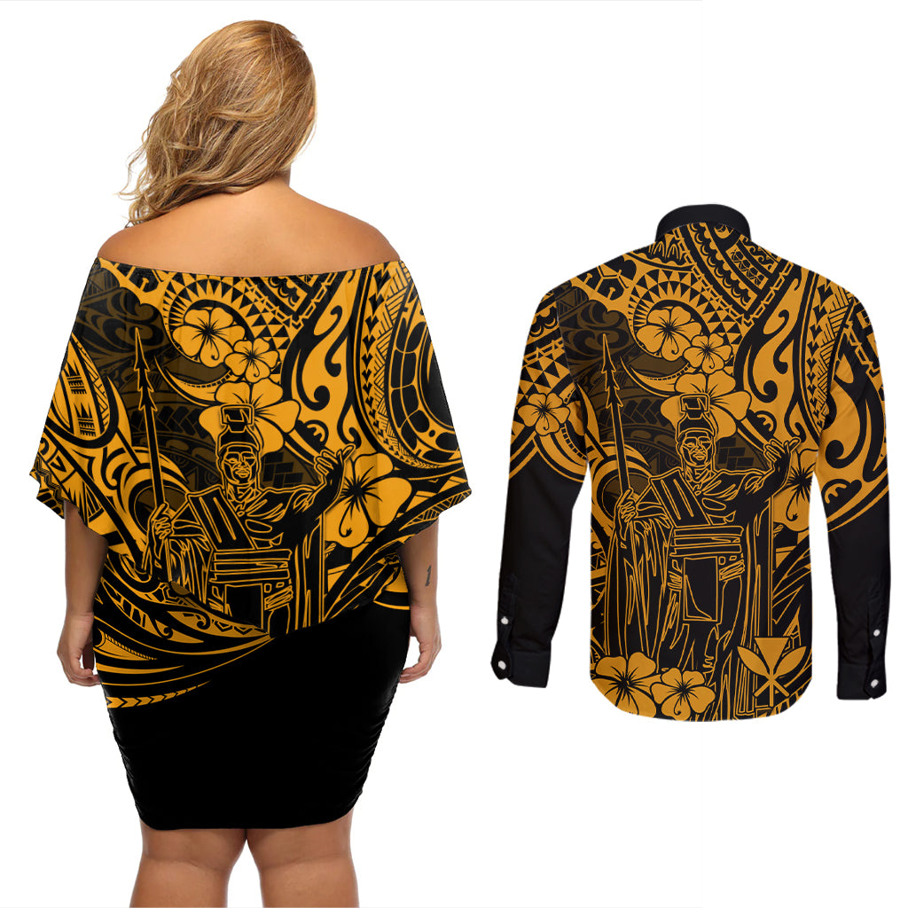 Hawaii King Kamehameha Couples Matching Off Shoulder Short Dress and Long Sleeve Button Shirts Polynesian Pattern Gold Version LT01 - Polynesian Pride