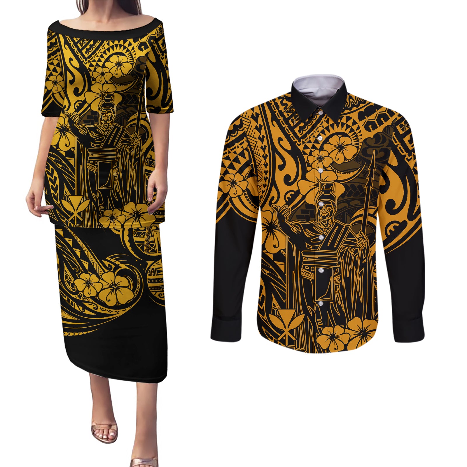 Hawaii King Kamehameha Couples Matching Puletasi Dress and Long Sleeve Button Shirts Polynesian Pattern Gold Version LT01 Gold - Polynesian Pride