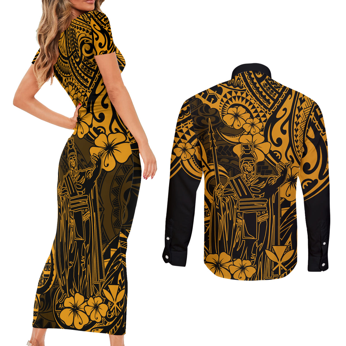 Hawaii King Kamehameha Couples Matching Short Sleeve Bodycon Dress and Long Sleeve Button Shirts Polynesian Pattern Gold Version LT01 - Polynesian Pride