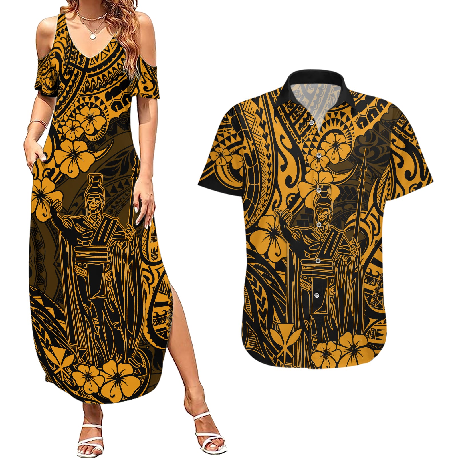 Hawaii King Kamehameha Couples Matching Summer Maxi Dress and Hawaiian Shirt Polynesian Pattern Gold Version LT01 Gold - Polynesian Pride