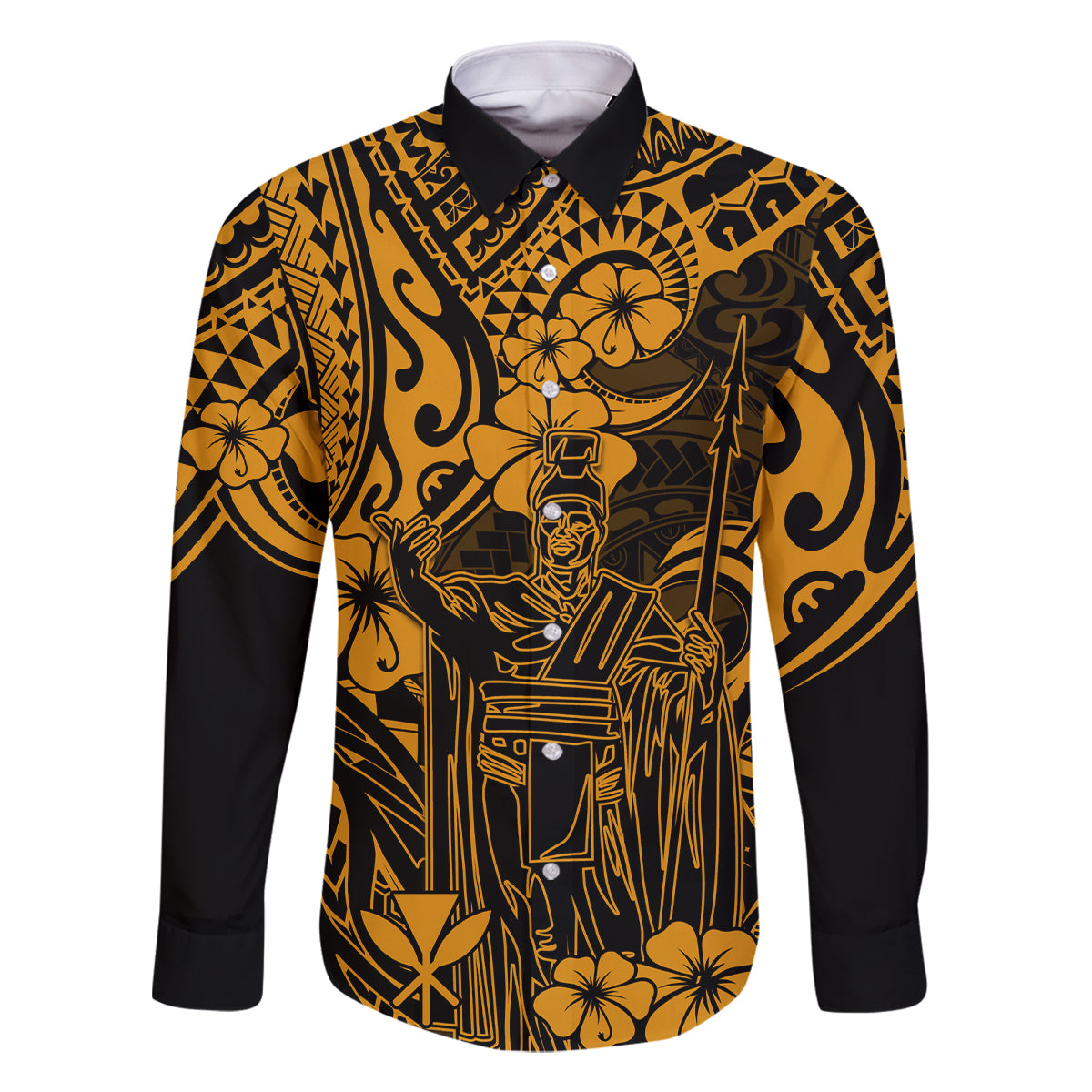 Hawaii King Kamehameha Family Matching Off Shoulder Long Sleeve Dress and Hawaiian Shirt Polynesian Pattern Gold Version LT01 Dad's Shirt - Long Sleeve Gold - Polynesian Pride