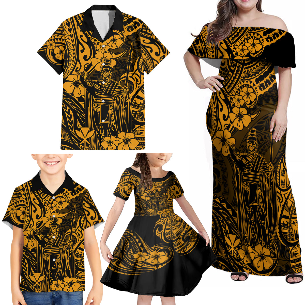 Hawaii King Kamehameha Family Matching Off Shoulder Maxi Dress and Hawaiian Shirt Polynesian Pattern Gold Version LT01 - Polynesian Pride