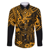 Hawaii King Kamehameha Family Matching Off Shoulder Maxi Dress and Hawaiian Shirt Polynesian Pattern Gold Version LT01 Dad's Shirt - Long Sleeve Gold - Polynesian Pride