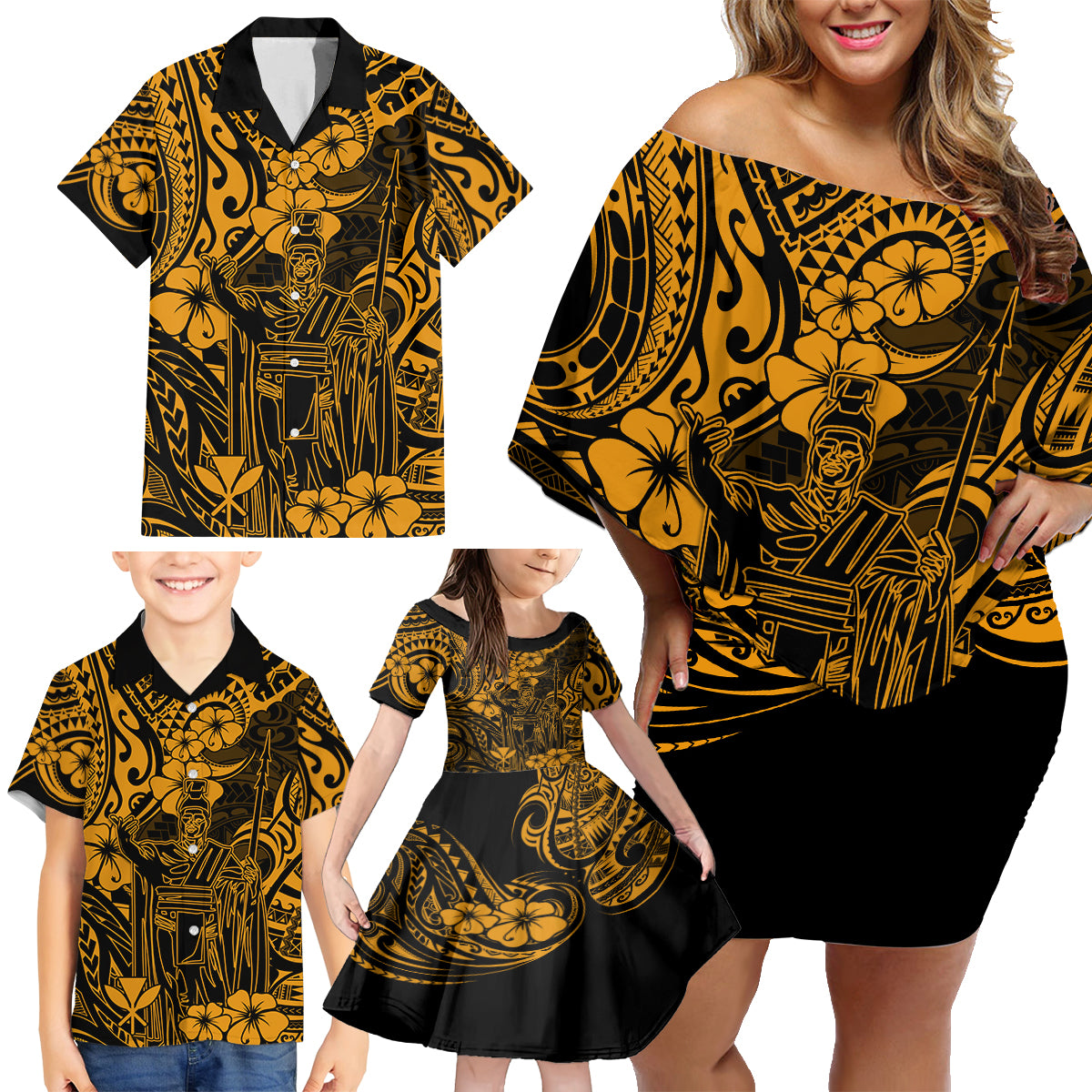 Hawaii King Kamehameha Family Matching Off Shoulder Short Dress and Hawaiian Shirt Polynesian Pattern Gold Version LT01 - Polynesian Pride