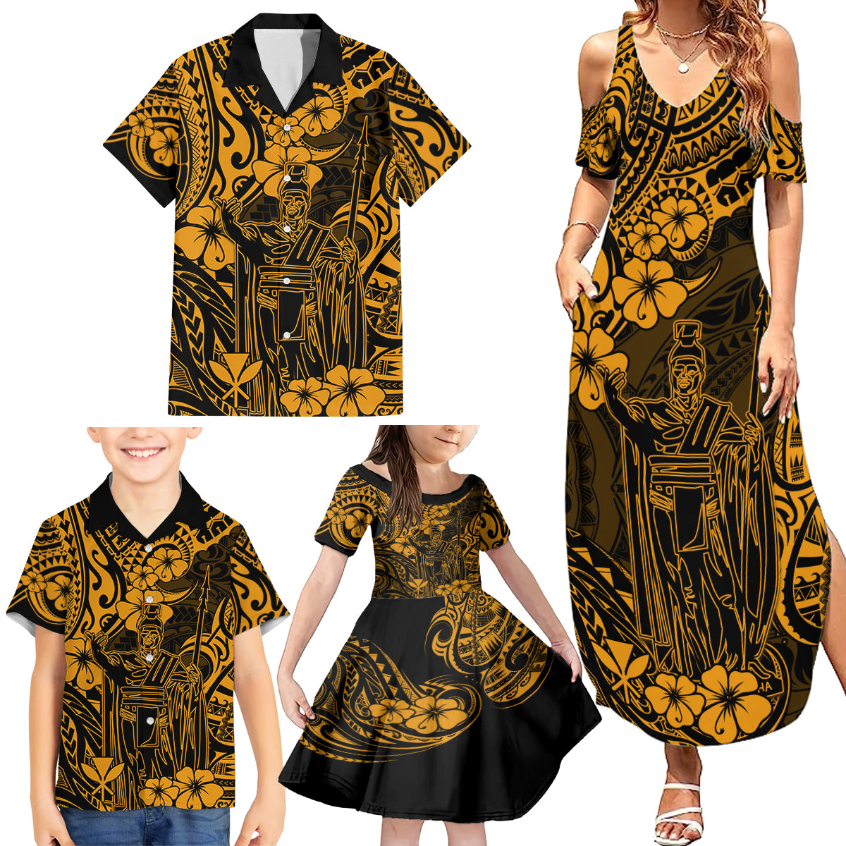 Hawaii King Kamehameha Family Matching Summer Maxi Dress and Hawaiian Shirt Polynesian Pattern Gold Version LT01 - Polynesian Pride