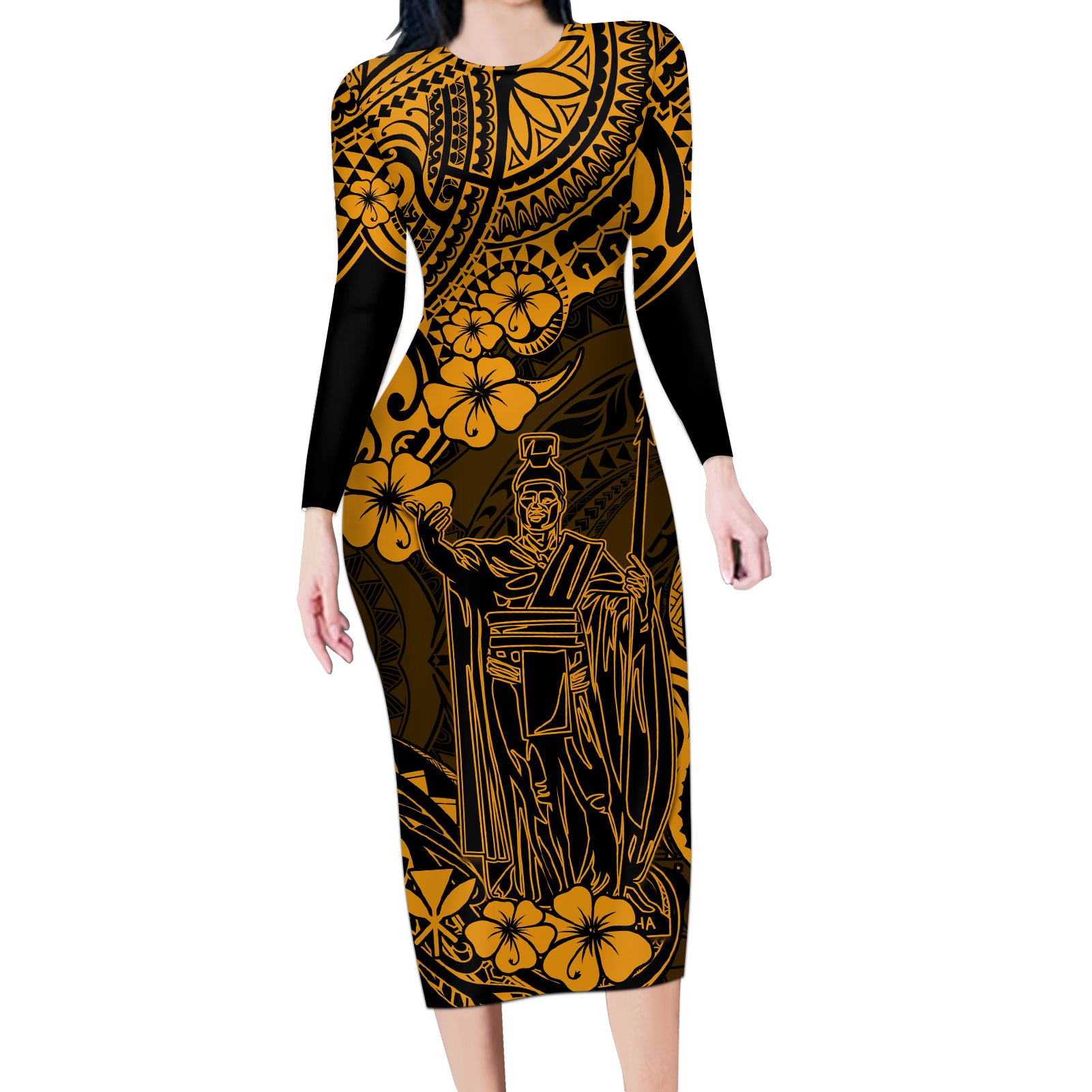 Hawaii King Kamehameha Long Sleeve Bodycon Dress Polynesian Pattern Gold Version LT01 Long Dress Gold - Polynesian Pride