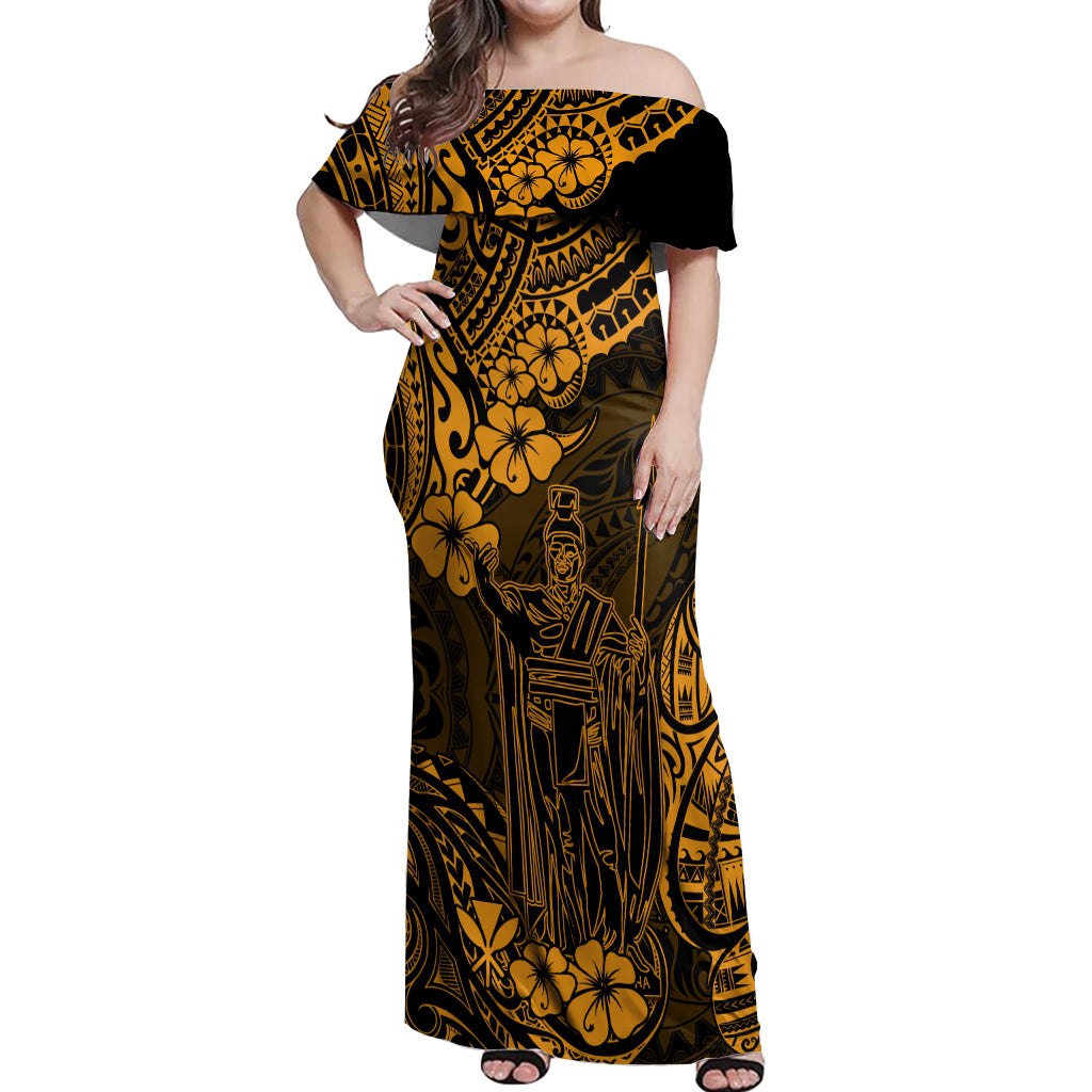 Hawaii King Kamehameha Off Shoulder Maxi Dress Polynesian Pattern Gold Version LT01 Women Gold - Polynesian Pride