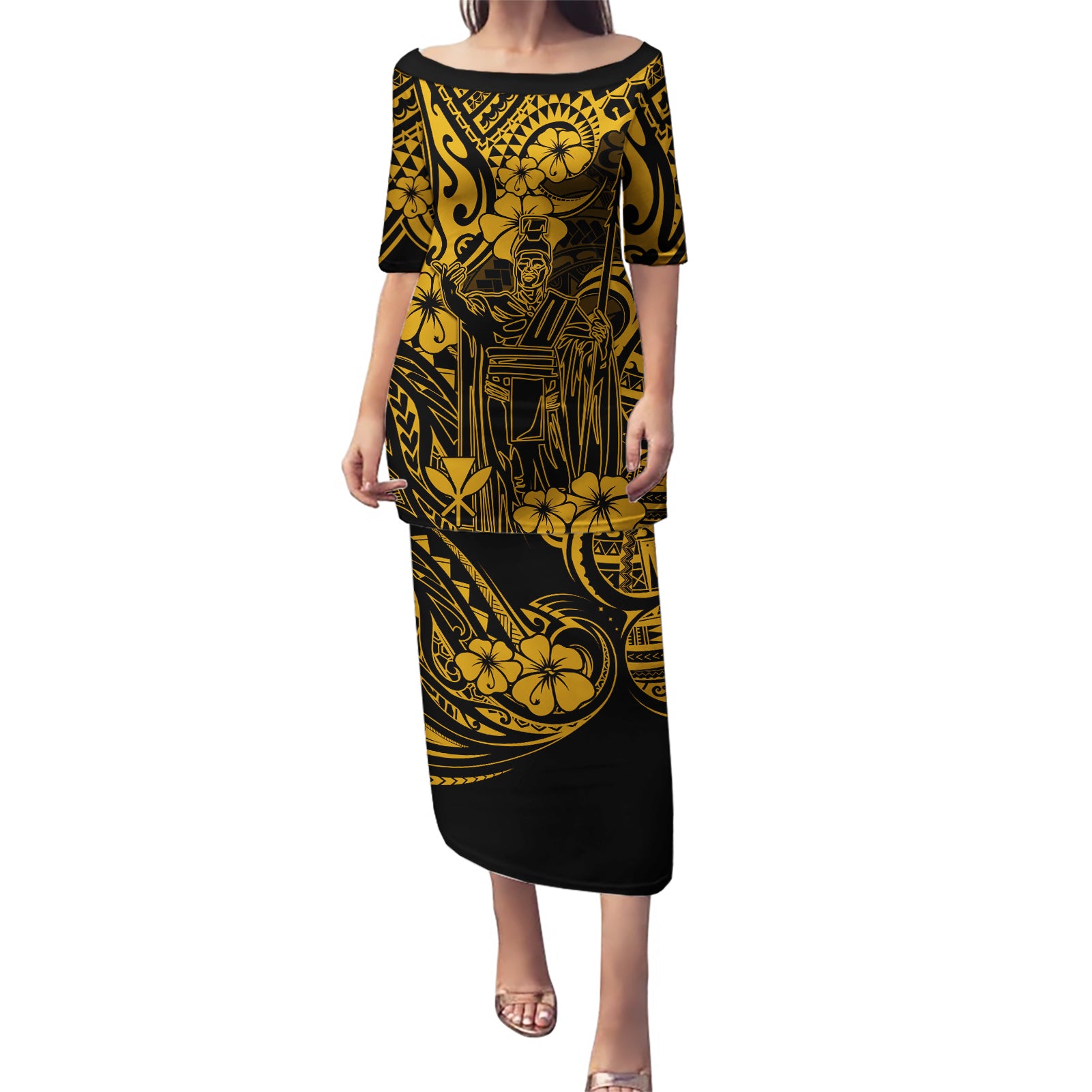 Hawaii King Kamehameha Puletasi Polynesian Pattern Gold Version LT01 Long Dress Gold - Polynesian Pride