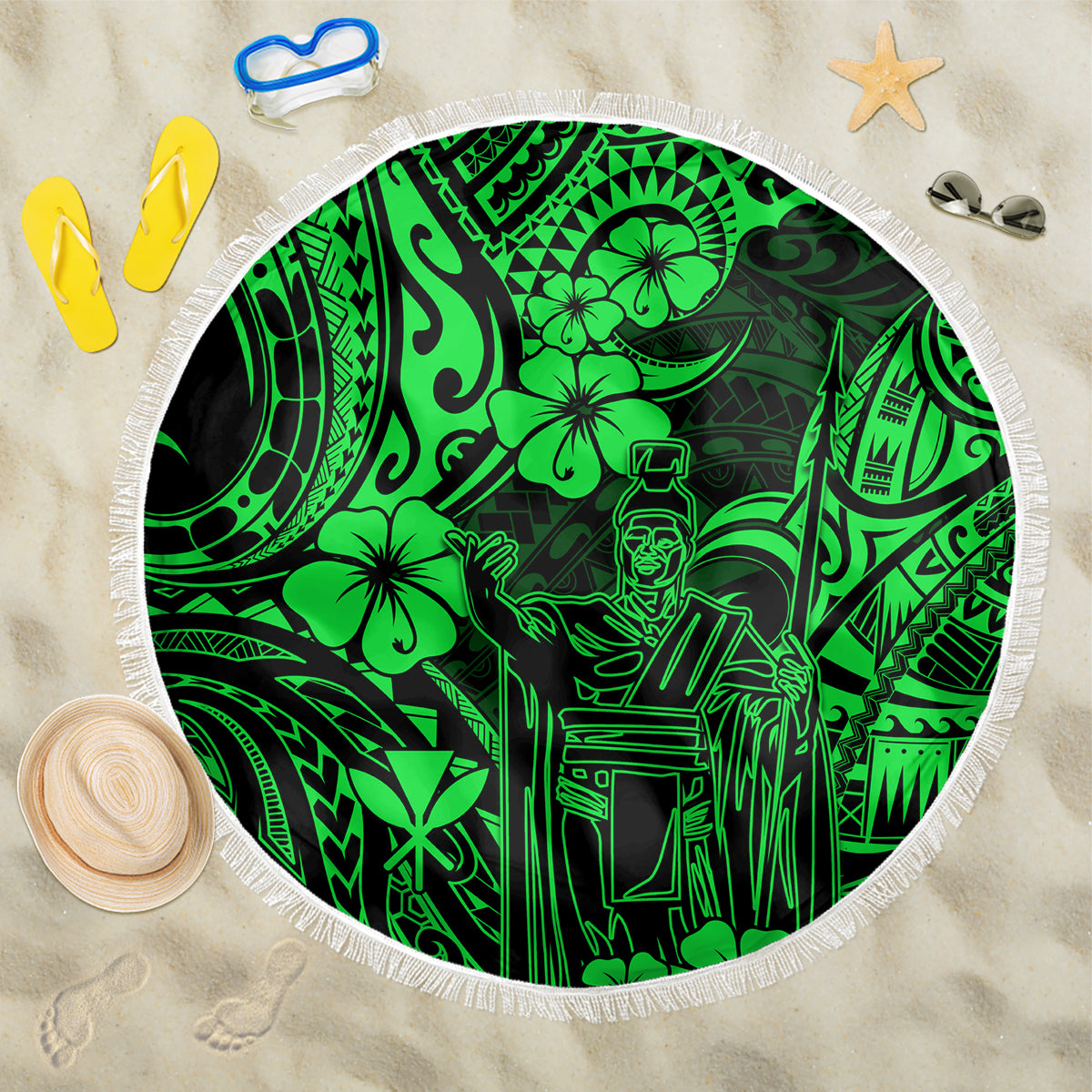 Hawaii King Kamehameha Beach Blanket Polynesian Pattern Green Version LT01 One Size 150cm Green - Wonder Print Shop