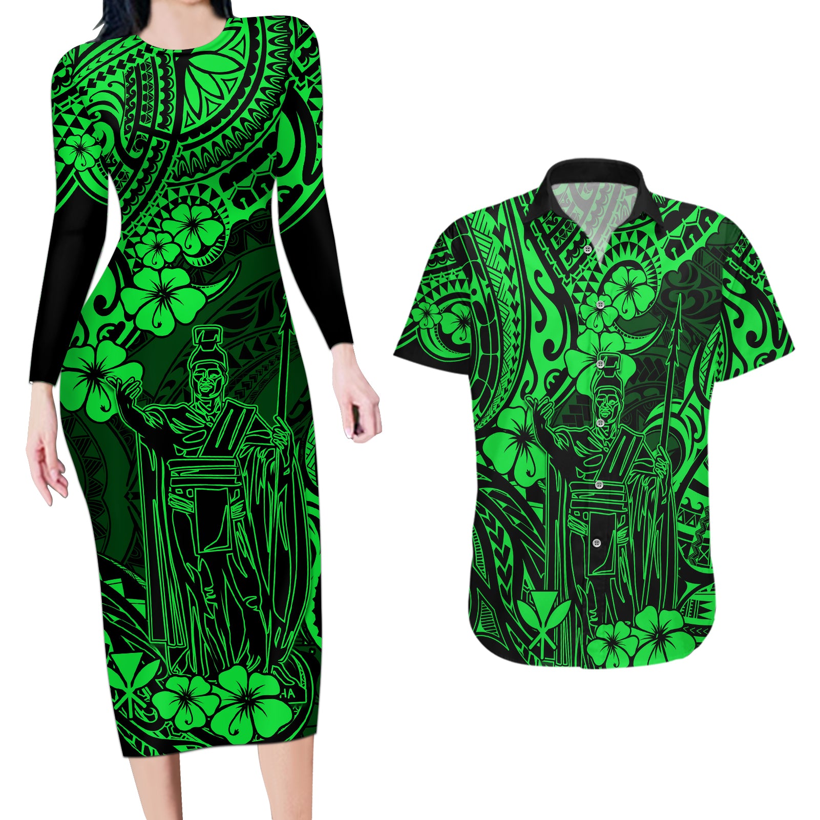 Hawaii King Kamehameha Couples Matching Long Sleeve Bodycon Dress and Hawaiian Shirt Polynesian Pattern Green Version LT01 Green - Polynesian Pride