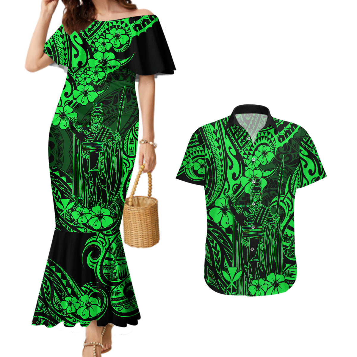 Hawaii King Kamehameha Couples Matching Mermaid Dress and Hawaiian Shirt Polynesian Pattern Green Version LT01 Green - Polynesian Pride