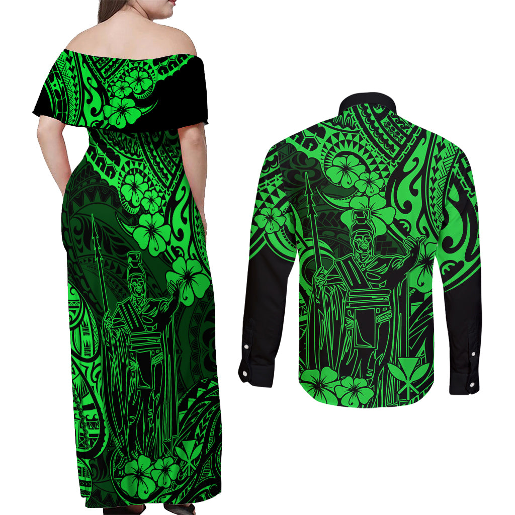 Hawaii King Kamehameha Couples Matching Off Shoulder Maxi Dress and Long Sleeve Button Shirts Polynesian Pattern Green Version LT01 - Polynesian Pride