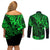 Hawaii King Kamehameha Couples Matching Off Shoulder Short Dress and Long Sleeve Button Shirts Polynesian Pattern Green Version LT01 - Polynesian Pride
