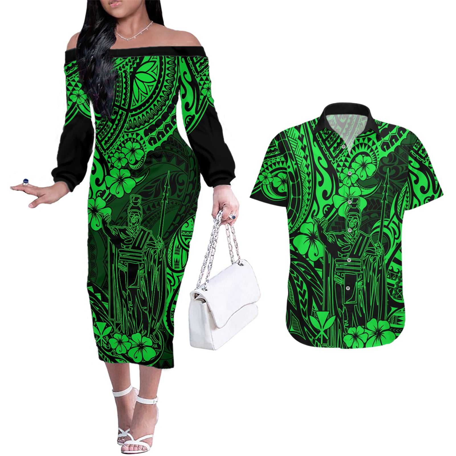 Hawaii King Kamehameha Couples Matching Off The Shoulder Long Sleeve Dress and Hawaiian Shirt Polynesian Pattern Green Version LT01 Green - Polynesian Pride