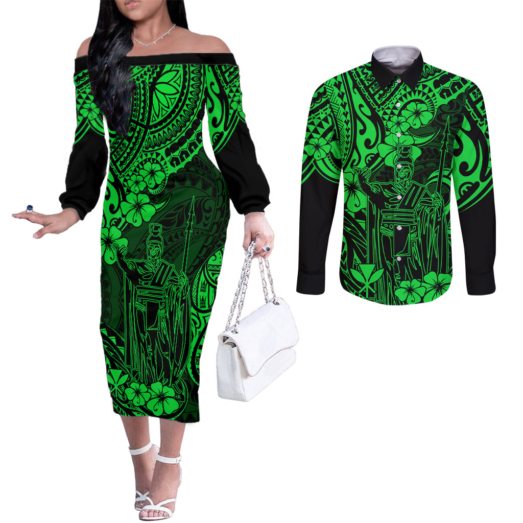 Hawaii King Kamehameha Couples Matching Off The Shoulder Long Sleeve Dress and Long Sleeve Button Shirts Polynesian Pattern Green Version LT01 Green - Polynesian Pride