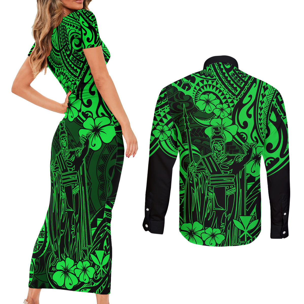 Hawaii King Kamehameha Couples Matching Short Sleeve Bodycon Dress and Long Sleeve Button Shirts Polynesian Pattern Green Version LT01 - Polynesian Pride