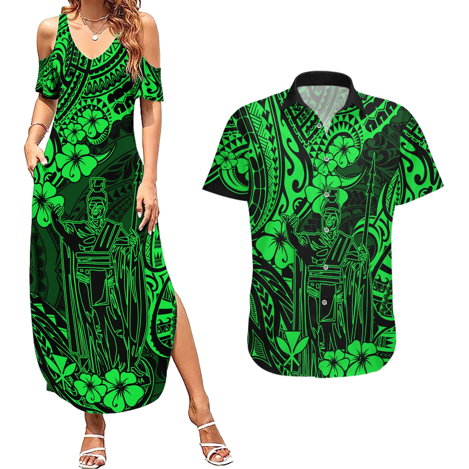 Hawaii King Kamehameha Couples Matching Summer Maxi Dress and Hawaiian Shirt Polynesian Pattern Green Version LT01 Green - Polynesian Pride