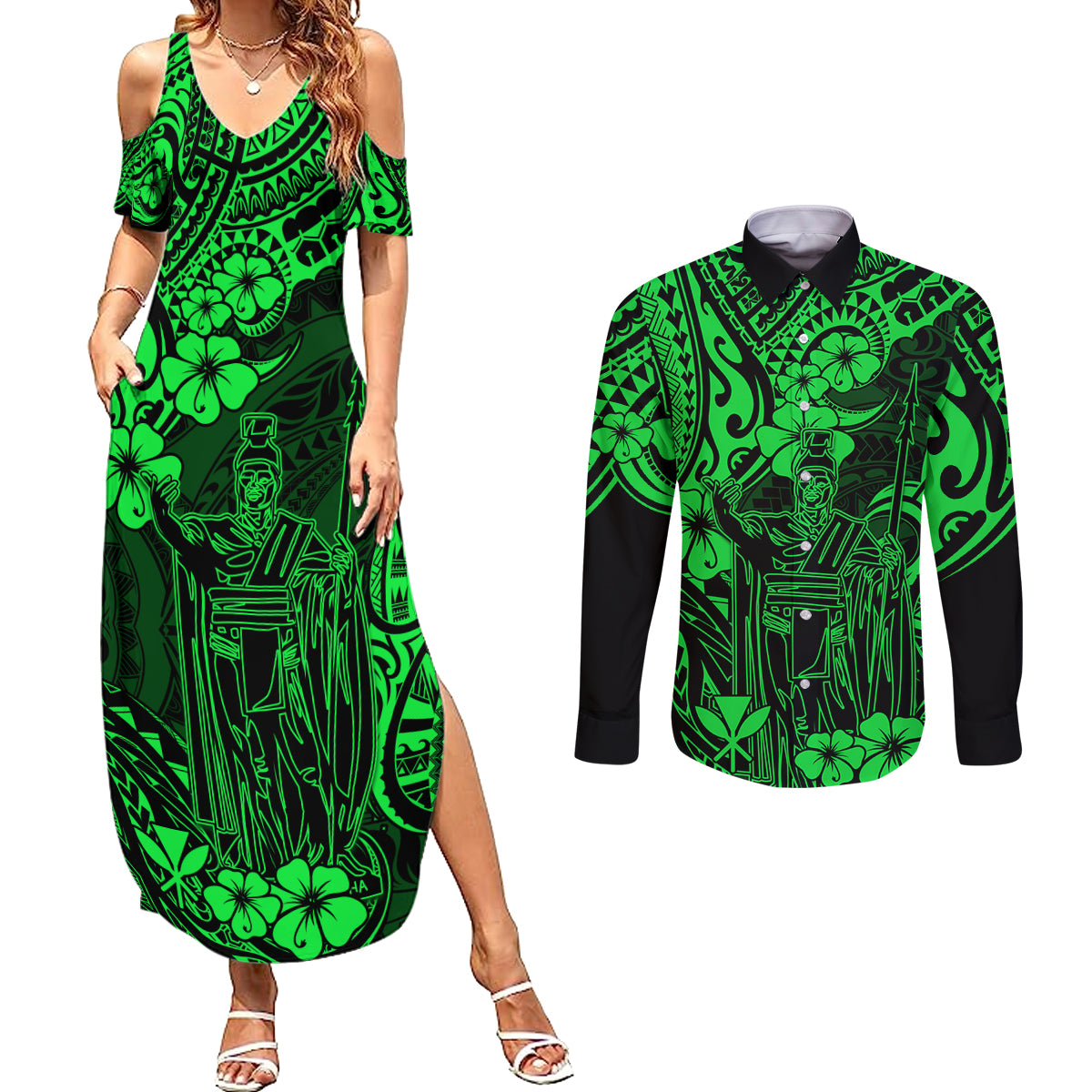 Hawaii King Kamehameha Couples Matching Summer Maxi Dress and Long Sleeve Button Shirts Polynesian Pattern Green Version LT01 Green - Polynesian Pride