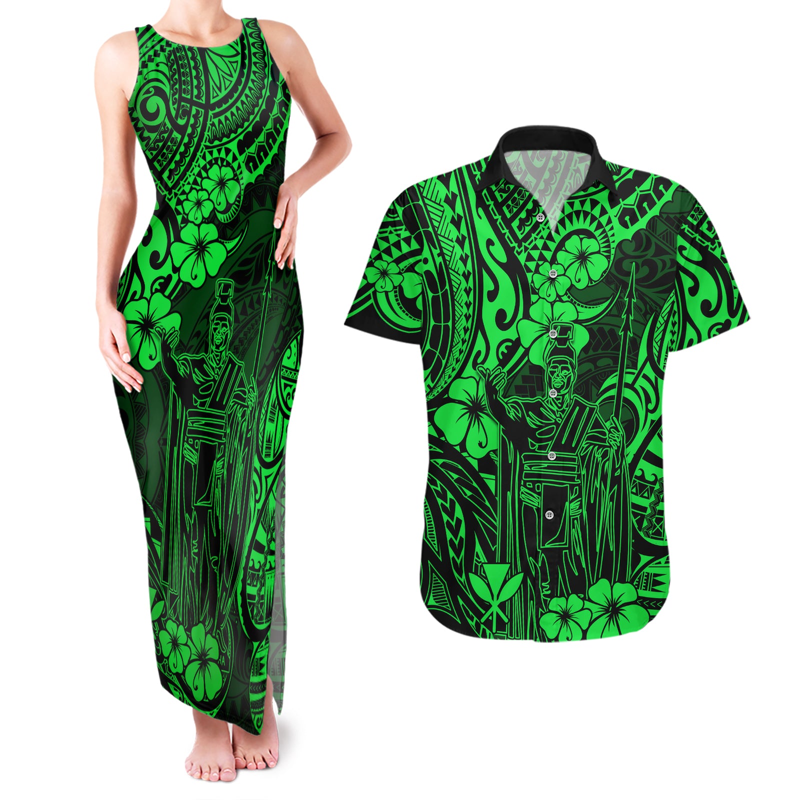 Hawaii King Kamehameha Couples Matching Tank Maxi Dress and Hawaiian Shirt Polynesian Pattern Green Version LT01 Green - Polynesian Pride