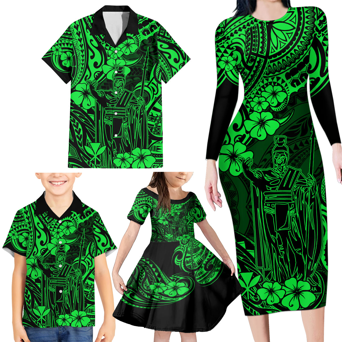 Hawaii King Kamehameha Family Matching Long Sleeve Bodycon Dress and Hawaiian Shirt Polynesian Pattern Green Version LT01 - Polynesian Pride