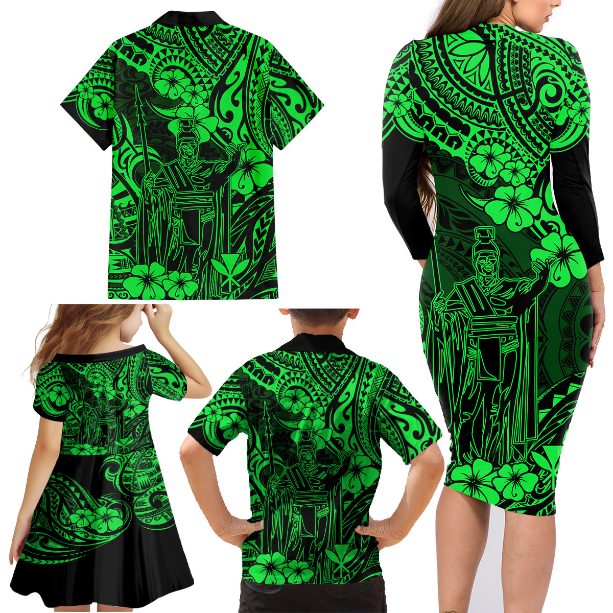Hawaii King Kamehameha Family Matching Long Sleeve Bodycon Dress and Hawaiian Shirt Polynesian Pattern Green Version LT01 - Polynesian Pride