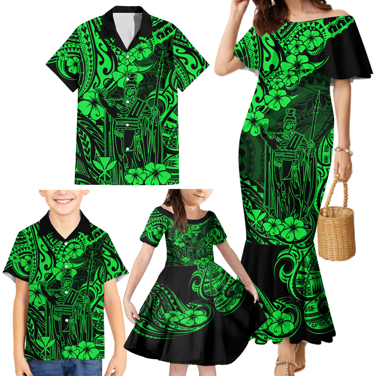 Hawaii King Kamehameha Family Matching Mermaid Dress and Hawaiian Shirt Polynesian Pattern Green Version LT01 - Polynesian Pride