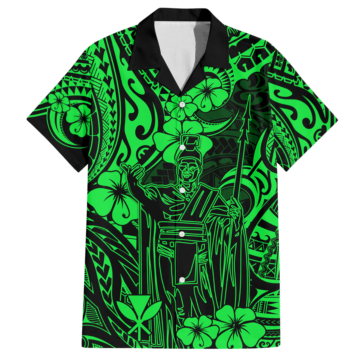 Hawaii King Kamehameha Family Matching Off Shoulder Short Dress and Hawaiian Shirt Polynesian Pattern Green Version LT01 Dad's Shirt - Short Sleeve Green - Polynesian Pride