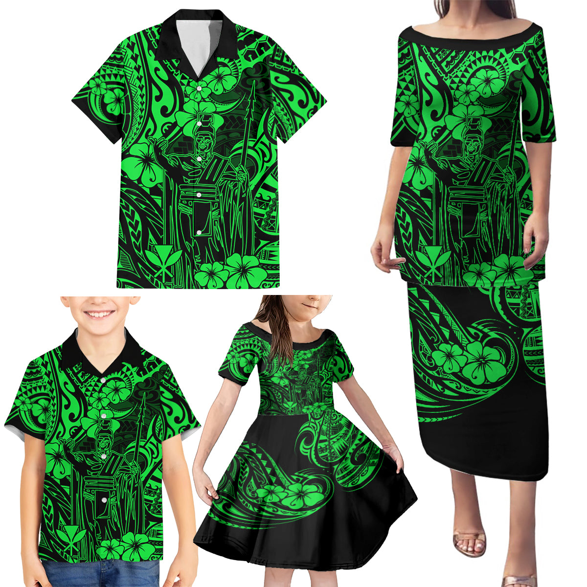 Hawaii King Kamehameha Family Matching Puletasi Dress and Hawaiian Shirt Polynesian Pattern Green Version LT01 - Polynesian Pride