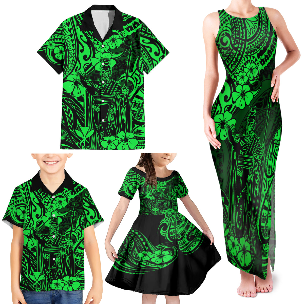 Hawaii King Kamehameha Family Matching Tank Maxi Dress and Hawaiian Shirt Polynesian Pattern Green Version LT01 - Polynesian Pride