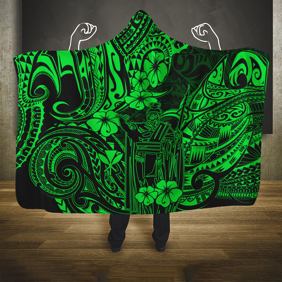 Hawaii King Kamehameha Hooded Blanket Polynesian Pattern Green Version LT01 One Size Green - Polynesian Pride