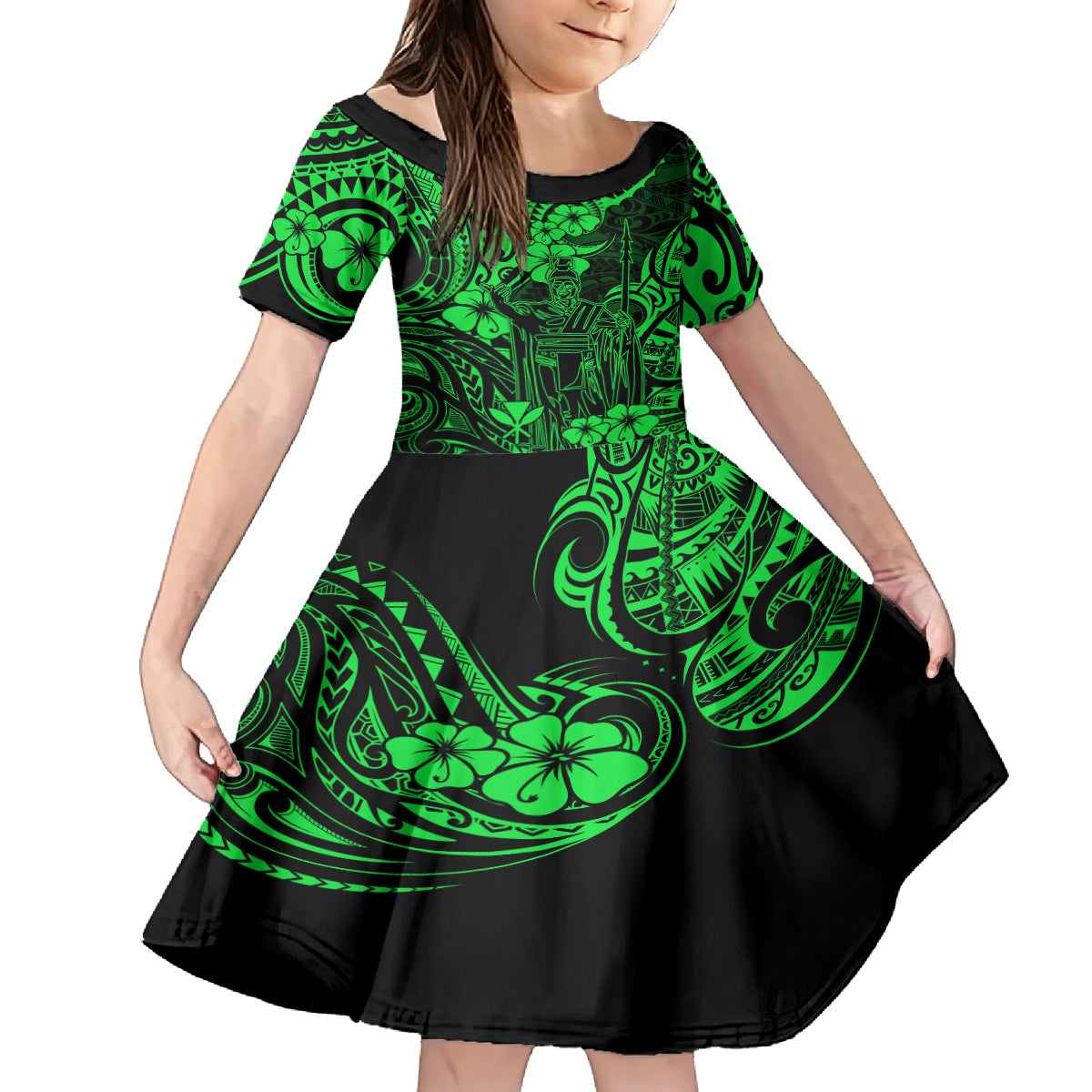 Hawaii King Kamehameha Kid Short Sleeve Dress Polynesian Pattern Green Version LT01 KID Green - Polynesian Pride