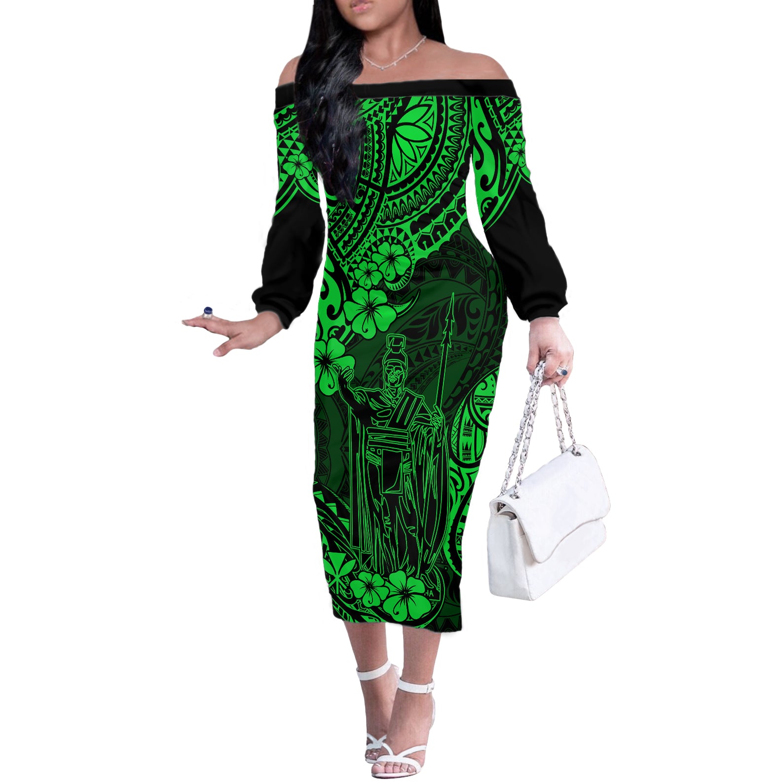 Hawaii King Kamehameha Off The Shoulder Long Sleeve Dress Polynesian Pattern Green Version LT01 Women Green - Polynesian Pride