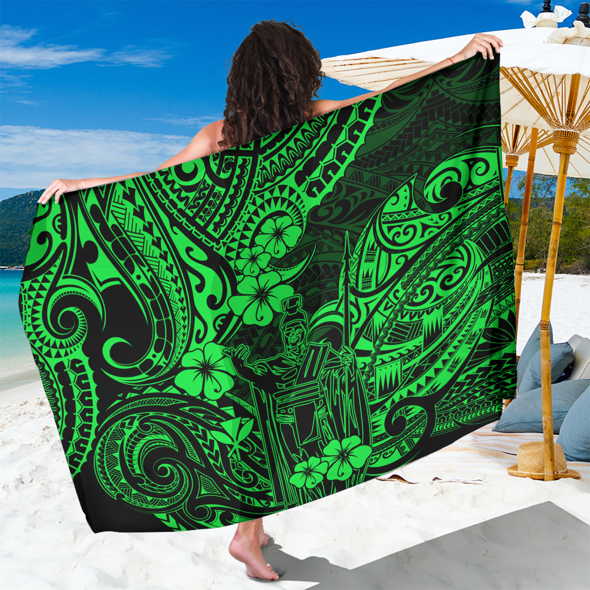 Hawaii King Kamehameha Sarong Polynesian Pattern Green Version LT01 One Size 44 x 66 inches Green - Polynesian Pride