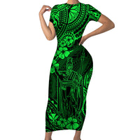 Hawaii King Kamehameha Short Sleeve Bodycon Dress Polynesian Pattern Green Version LT01 Long Dress Green - Polynesian Pride