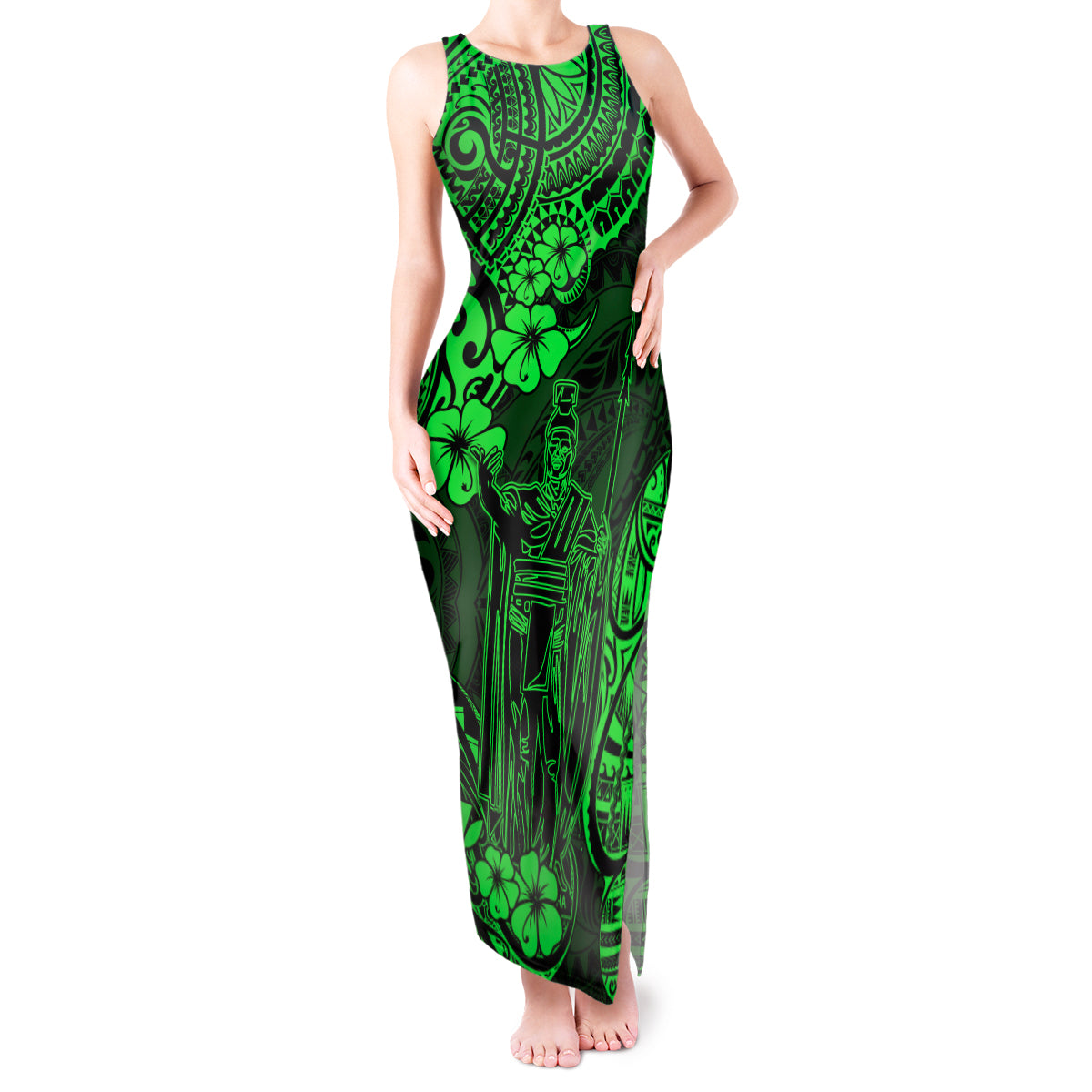 Hawaii King Kamehameha Tank Maxi Dress Polynesian Pattern Green Version LT01 Women Green - Polynesian Pride