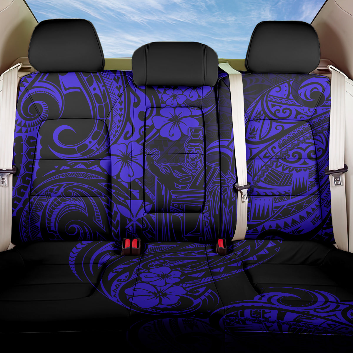 Hawaii King Kamehameha Back Car Seat Cover Polynesian Pattern Navy Blue Version