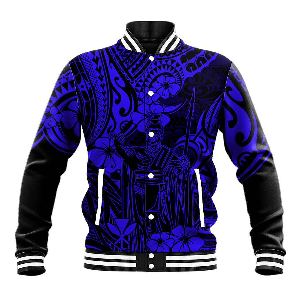 Hawaii King Kamehameha Baseball Jacket Polynesian Pattern Navy Blue Version LT01 Unisex Blue - Polynesian Pride