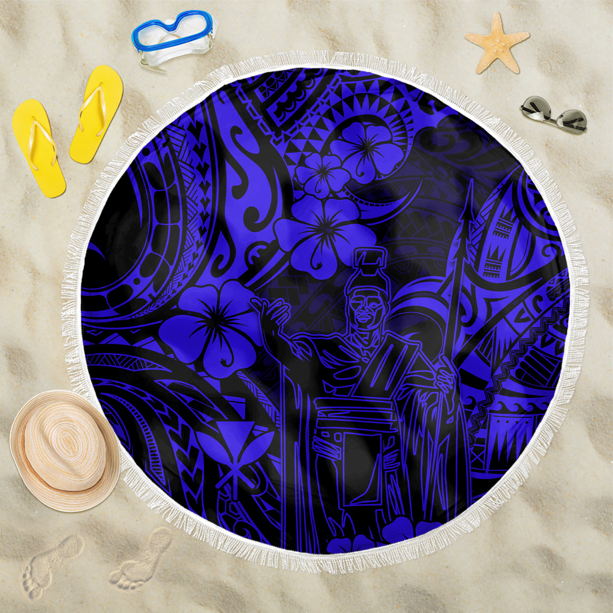 Hawaii King Kamehameha Beach Blanket Polynesian Pattern Navy Blue Version LT01 One Size 150cm Blue - Wonder Print Shop